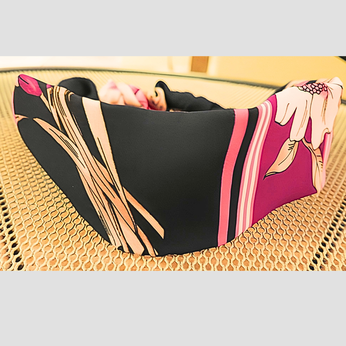 Women's Black Pink Floral Stripe Chiffon Scarf & Headband Set | Magenta Bloom Border Print | One Size Fits All Glamour Accessory Set