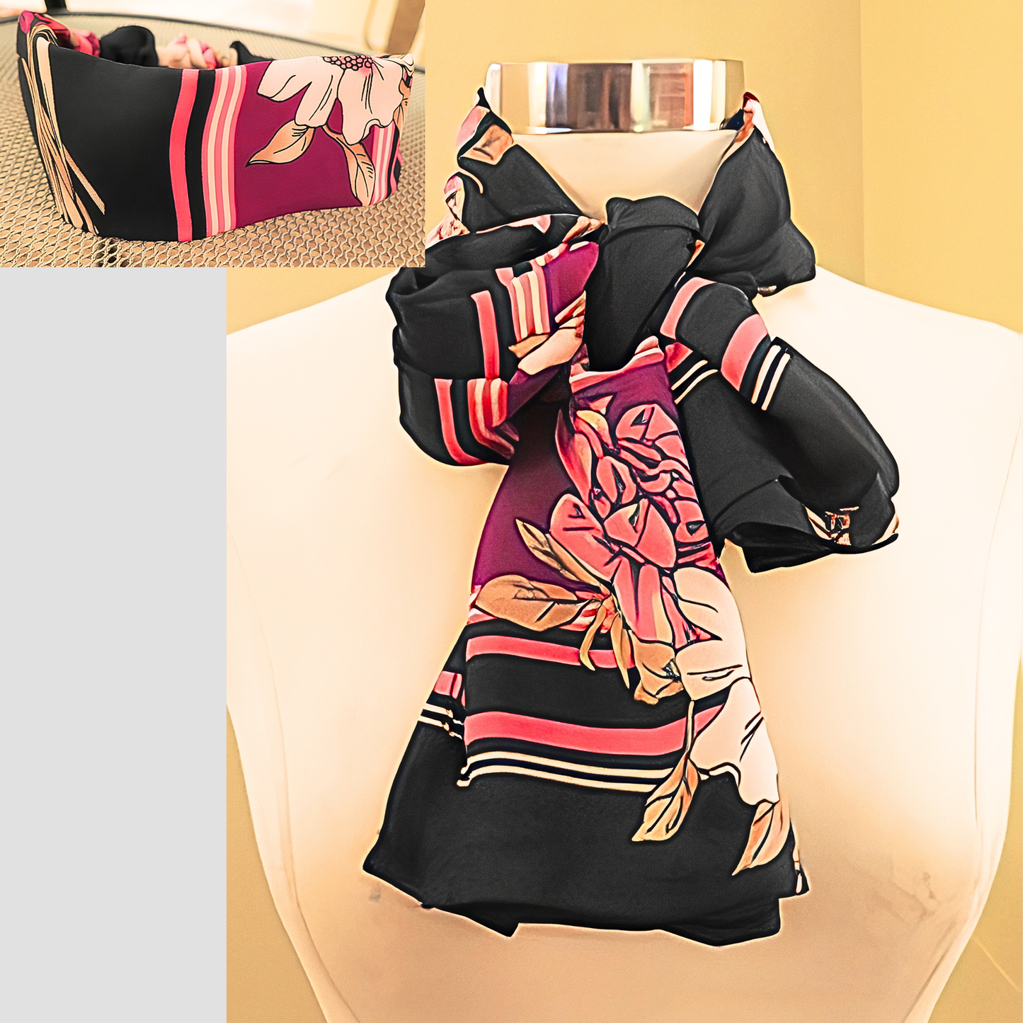 Women's Black Pink Floral Stripe Chiffon Scarf & Headband Set | Magenta Bloom Border Print | One Size Fits All Glamour Accessory Set