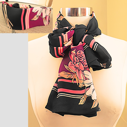 Women's Black Pink Floral Stripe Chiffon Scarf & Headband Set | Magenta Bloom Border Print | One Size Fits All Glamour Accessory Set