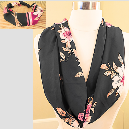 Women's Black Pink Floral Stripe Chiffon Scarf & Headband Set | Magenta Bloom Border Print | One Size Fits All Glamour Accessory Set