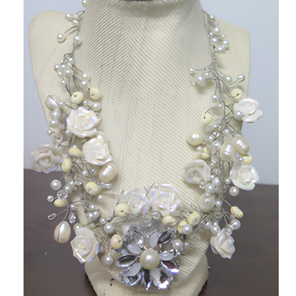 Bridal Rose & Pearl Statement Necklace | Handcrafted Silver Wire Floral Collar Necklace for Wedding & Special Events