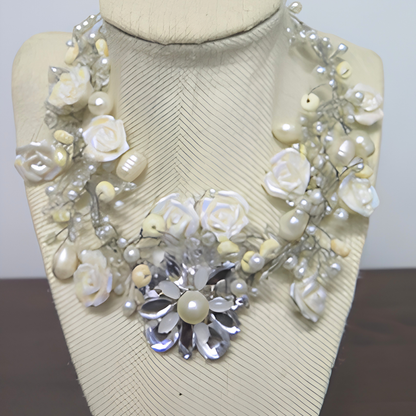 Bridal Rose & Pearl Statement Necklace | Handcrafted Silver Wire Floral Collar Necklace for Wedding & Special Events