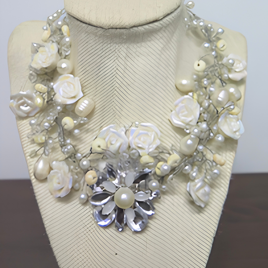 Bridal Rose & Pearl Statement Necklace | Handcrafted Silver Wire Floral Collar Necklace for Wedding & Special Events