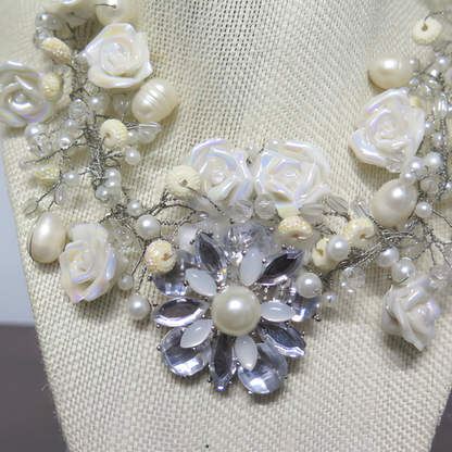 Bridal Rose & Pearl Statement Necklace | Handcrafted Silver Wire Floral Collar Necklace for Wedding & Special Events