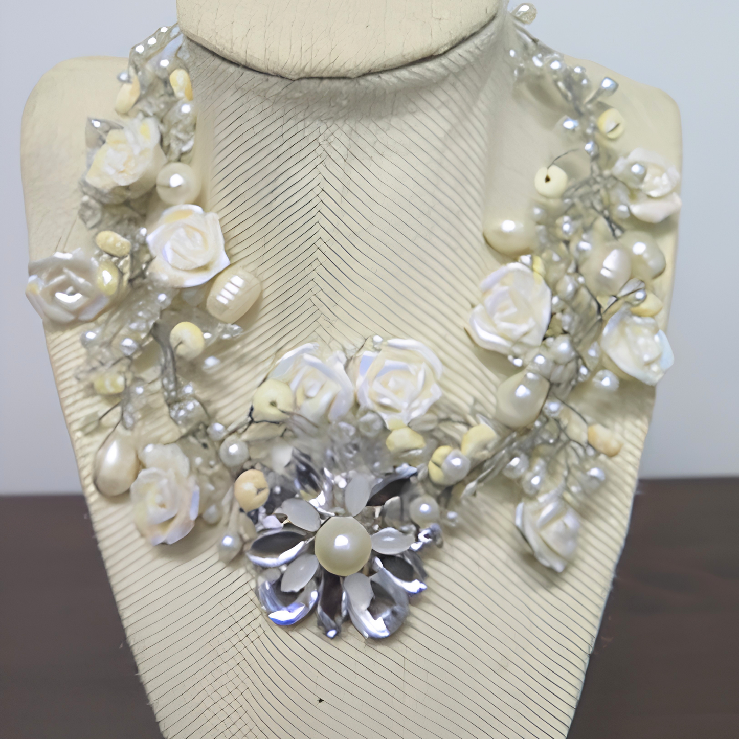 Bridal Rose & Pearl Statement Necklace | Handcrafted Silver Wire Floral Collar Necklace for Wedding & Special Events