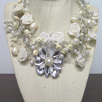Bridal Rose & Pearl Statement Necklace | Handcrafted Silver Wire Floral Collar Necklace for Wedding & Special Events