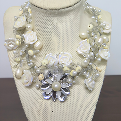 Bridal Rose & Pearl Statement Necklace | Handcrafted Silver Wire Floral Collar Necklace for Wedding & Special Events
