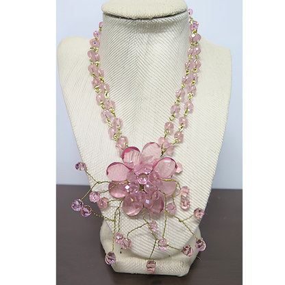 Pink Crystal Floral Statement Necklace | Handcrafted Gold Wire Flower Bib Necklace for Women, Weddings & Special Events