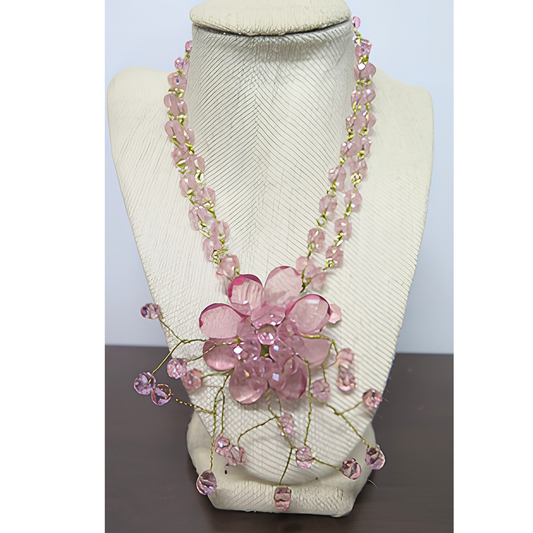 Pink Crystal Floral Statement Necklace | Handcrafted Gold Wire Flower Bib Necklace for Women, Weddings & Special Events