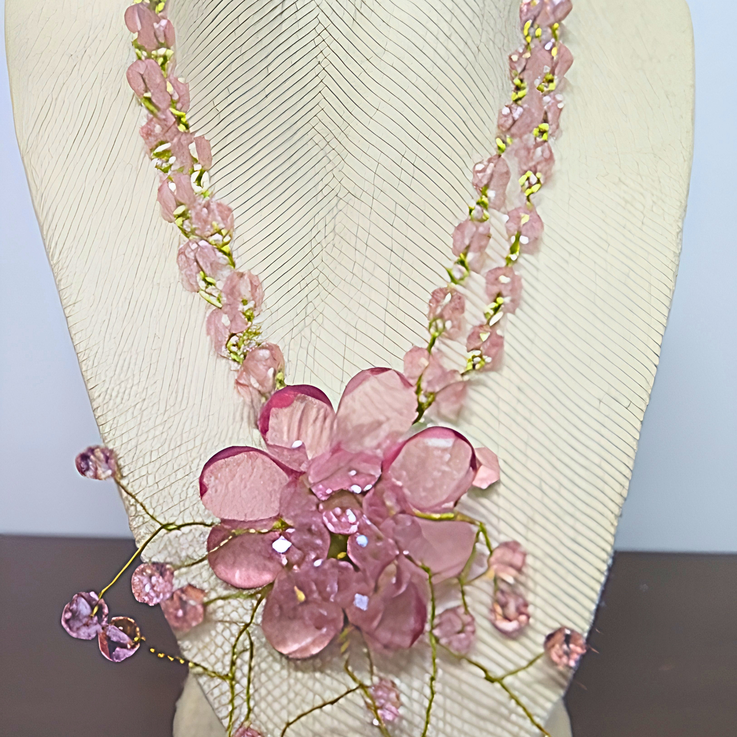 Pink Crystal Floral Statement Necklace | Handcrafted Gold Wire Flower Bib Necklace for Women, Weddings & Special Events