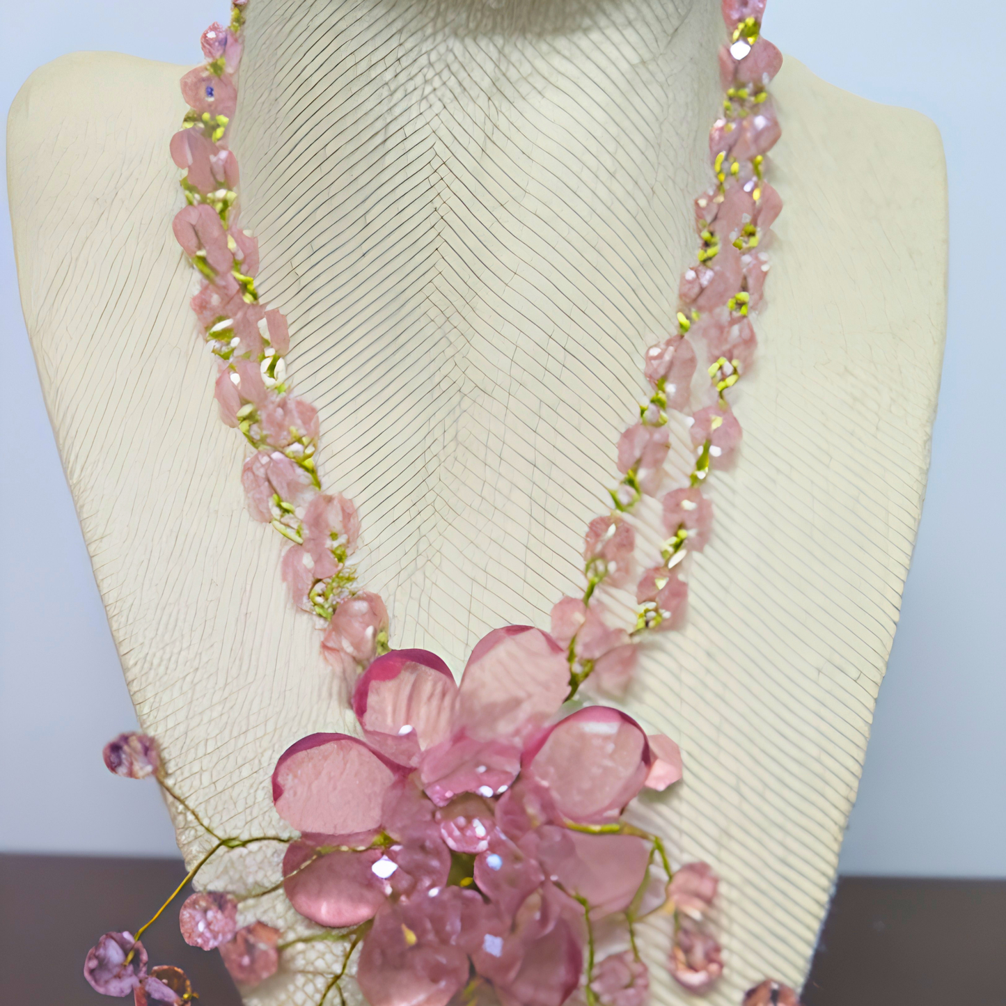 Pink Crystal Floral Statement Necklace | Handcrafted Gold Wire Flower Bib Necklace for Women, Weddings & Special Events