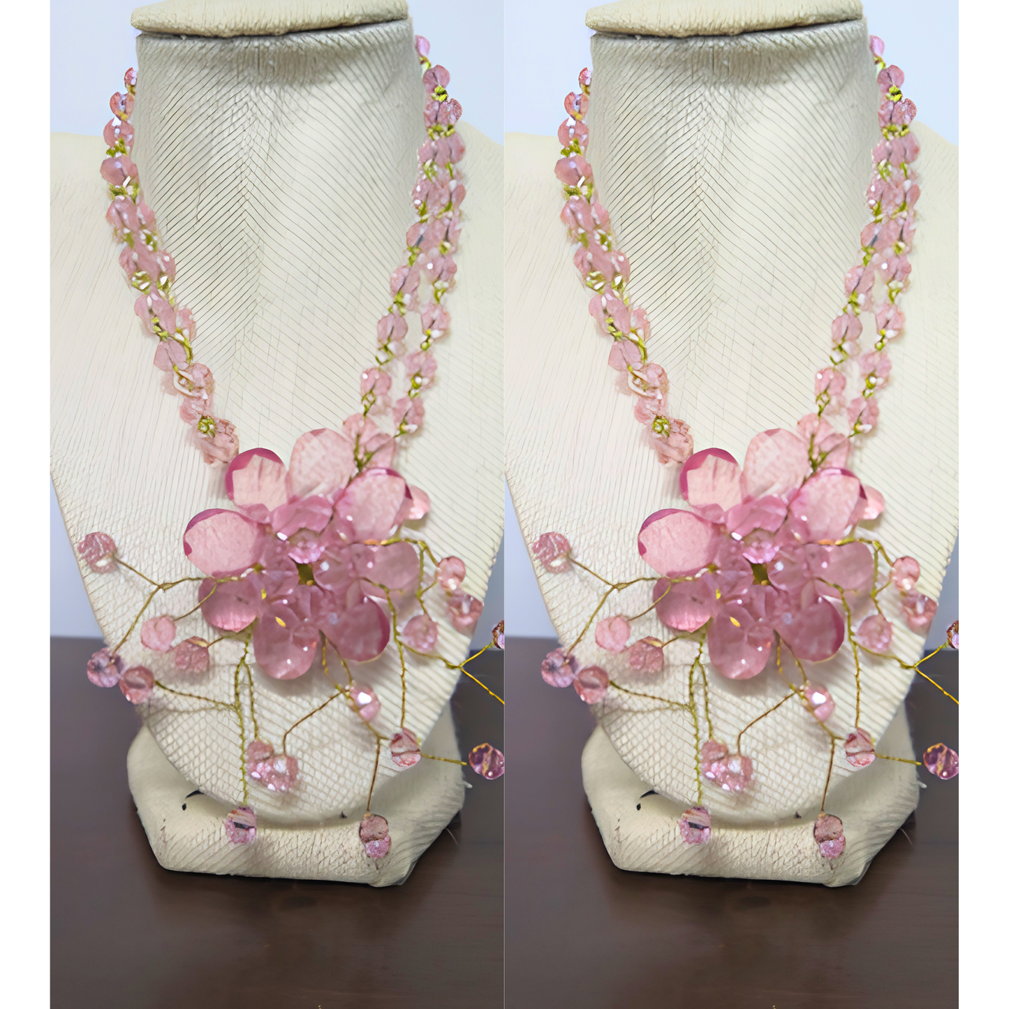 Pink Crystal Floral Statement Necklace | Handcrafted Gold Wire Flower Bib Necklace for Women, Weddings & Special Events