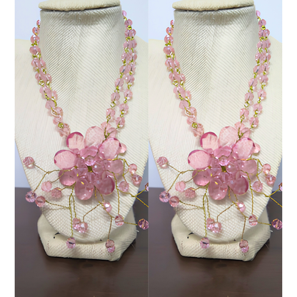 Pink Crystal Floral Statement Necklace | Handcrafted Gold Wire Flower Bib Necklace for Women, Weddings & Special Events