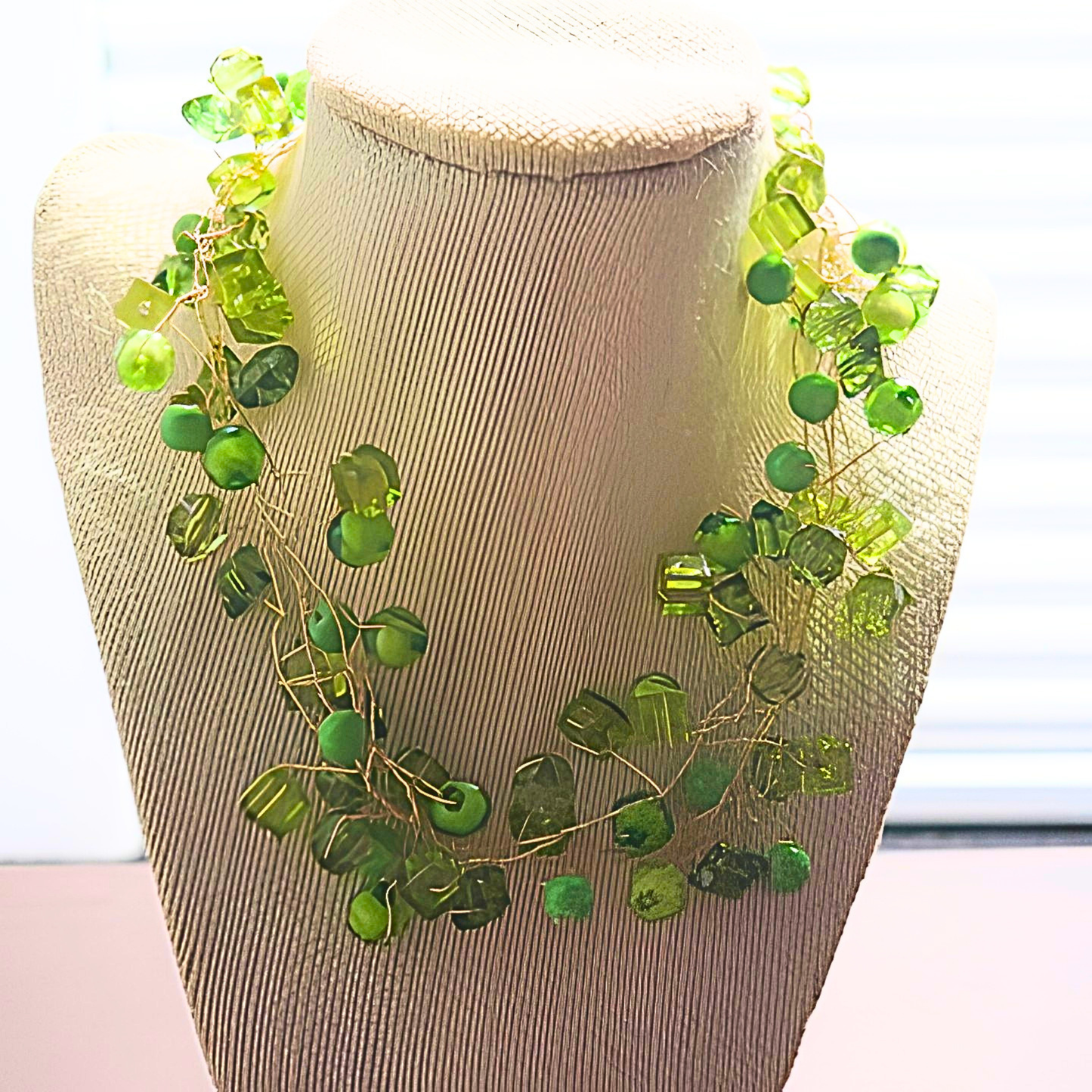 Green Crystal Twisted Wire Statement Necklace | Handcrafted Multi-Strand Peridot Bead Bib Necklace for Women & Special Events
