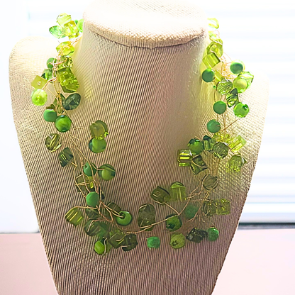 Green Crystal Twisted Wire Statement Necklace | Handcrafted Multi-Strand Peridot Bead Bib Necklace for Women & Special Events