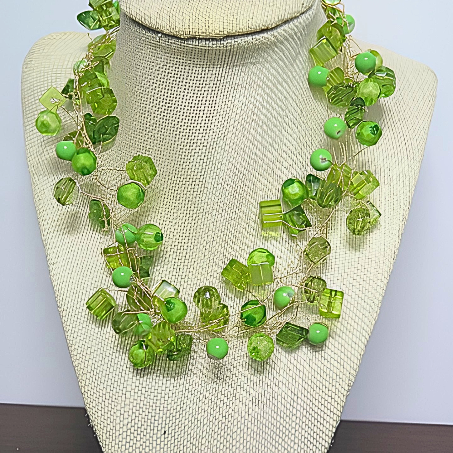 Green Crystal Twisted Wire Statement Necklace | Handcrafted Multi-Strand Peridot Bead Bib Necklace for Women & Special Events