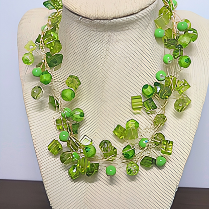 Green Crystal Twisted Wire Statement Necklace | Handcrafted Multi-Strand Peridot Bead Bib Necklace for Women & Special Events