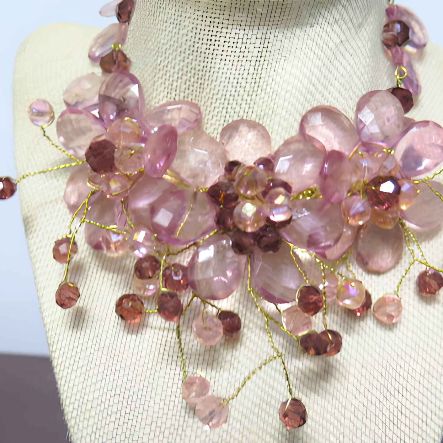 Mauve Purple Crystal Floral Bib Necklace | Handcrafted Gold Wire Twisted Flower Statement Necklace for Women & Special Events
