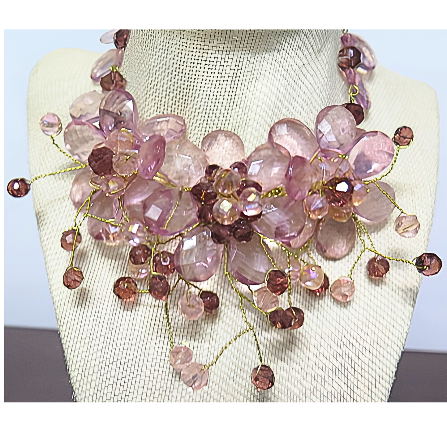 Mauve Purple Crystal Floral Bib Necklace | Handcrafted Gold Wire Twisted Flower Statement Necklace for Women & Special Events