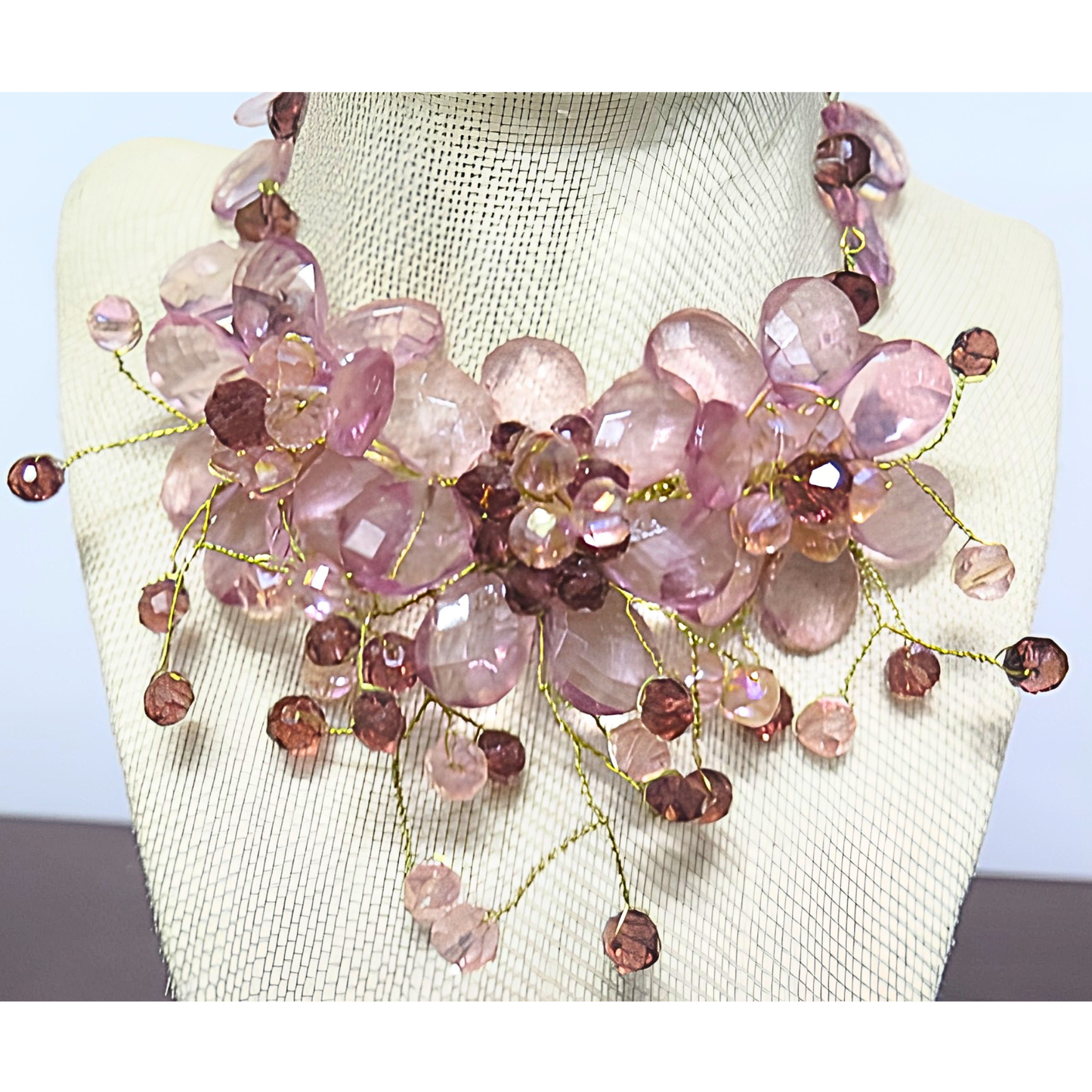 Mauve Purple Crystal Floral Bib Necklace | Handcrafted Gold Wire Twisted Flower Statement Necklace for Women & Special Events