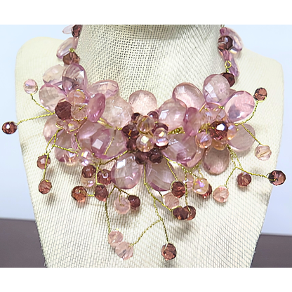 Mauve Purple Crystal Floral Bib Necklace | Handcrafted Gold Wire Twisted Flower Statement Necklace for Women & Special Events