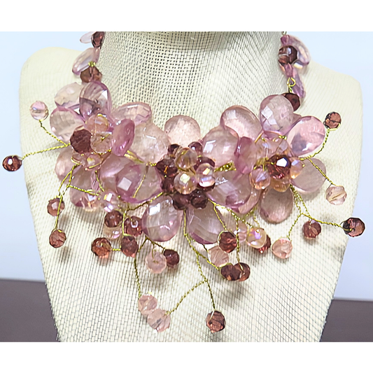 Mauve Purple Crystal Floral Bib Necklace | Handcrafted Gold Wire Twisted Flower Statement Necklace for Women & Special Events