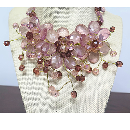 Mauve Purple Crystal Floral Bib Necklace | Handcrafted Gold Wire Twisted Flower Statement Necklace for Women & Special Events