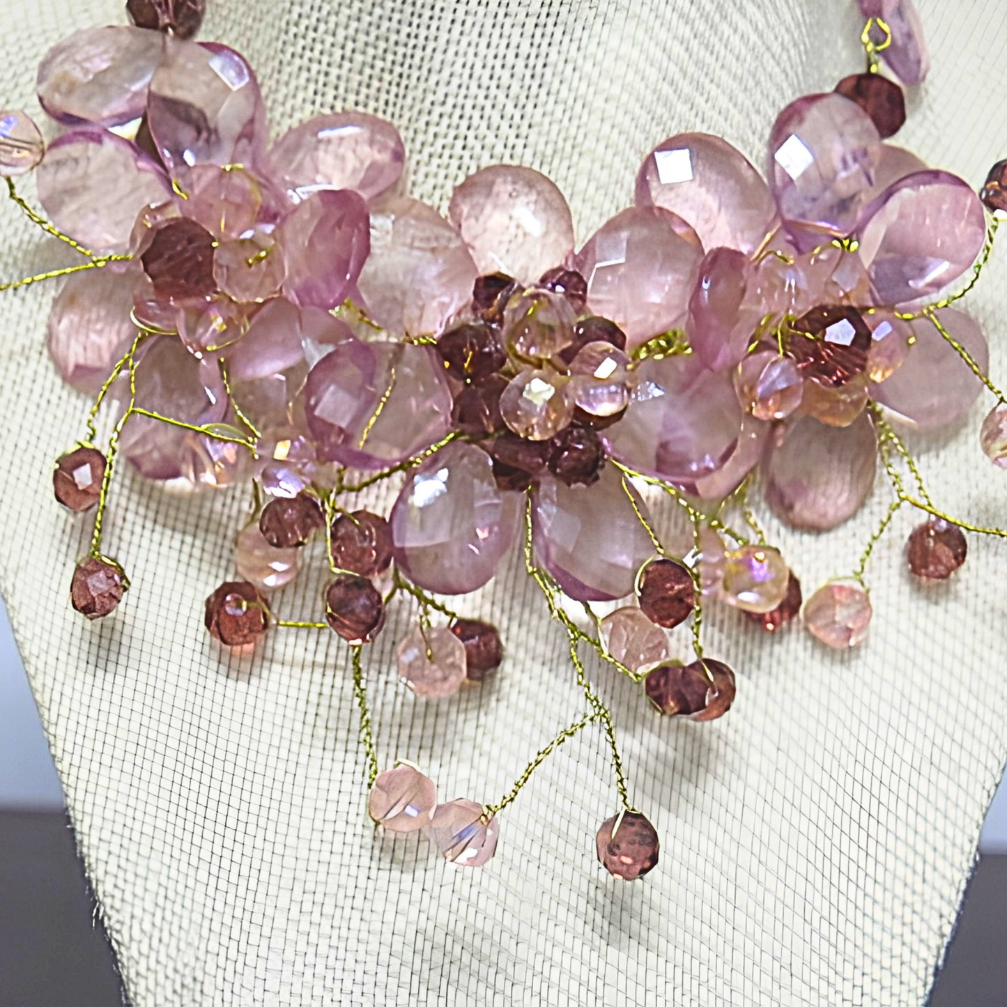 Mauve Purple Crystal Floral Bib Necklace | Handcrafted Gold Wire Twisted Flower Statement Necklace for Women & Special Events