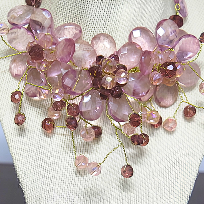 Mauve Purple Crystal Floral Bib Necklace | Handcrafted Gold Wire Twisted Flower Statement Necklace for Women & Special Events