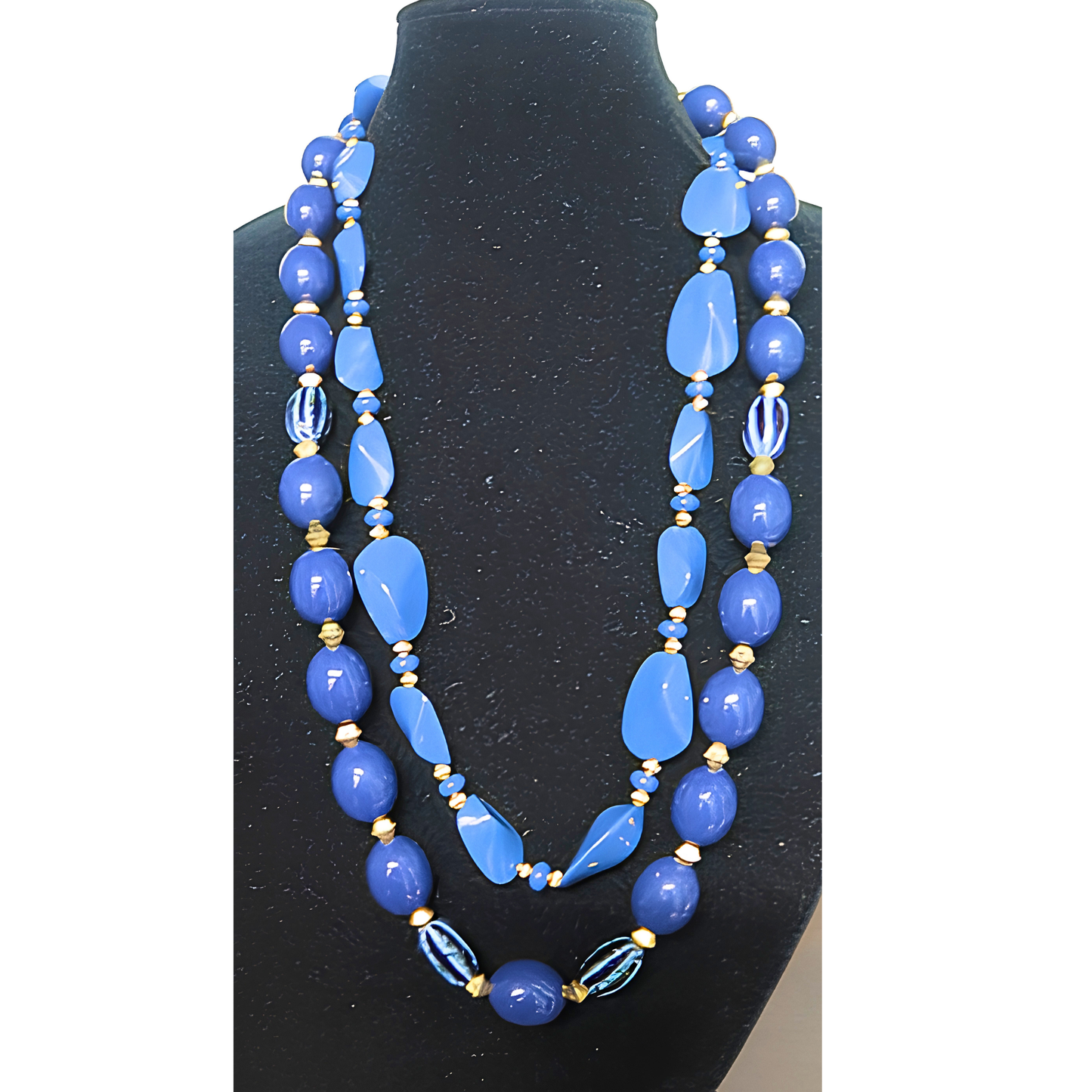 Blue & Gold Double Strand Beaded Statement Necklace | Long Layered Cobalt Blue Chunky Bead Necklace for Women & Special Occasions