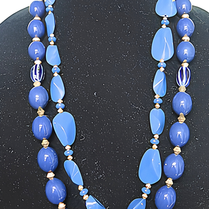 Blue & Gold Double Strand Beaded Statement Necklace | Long Layered Cobalt Blue Chunky Bead Necklace for Women & Special Occasions