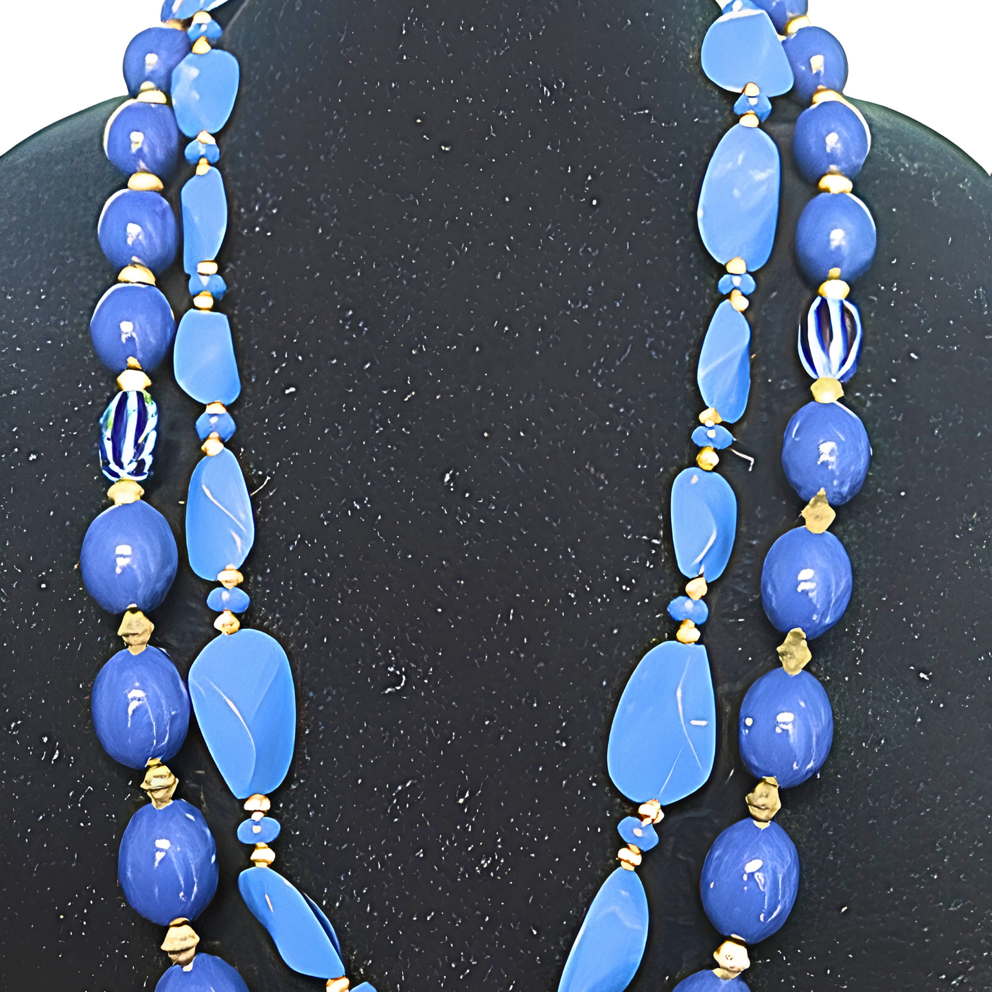 Blue & Gold Double Strand Beaded Statement Necklace | Long Layered Cobalt Blue Chunky Bead Necklace for Women & Special Occasions
