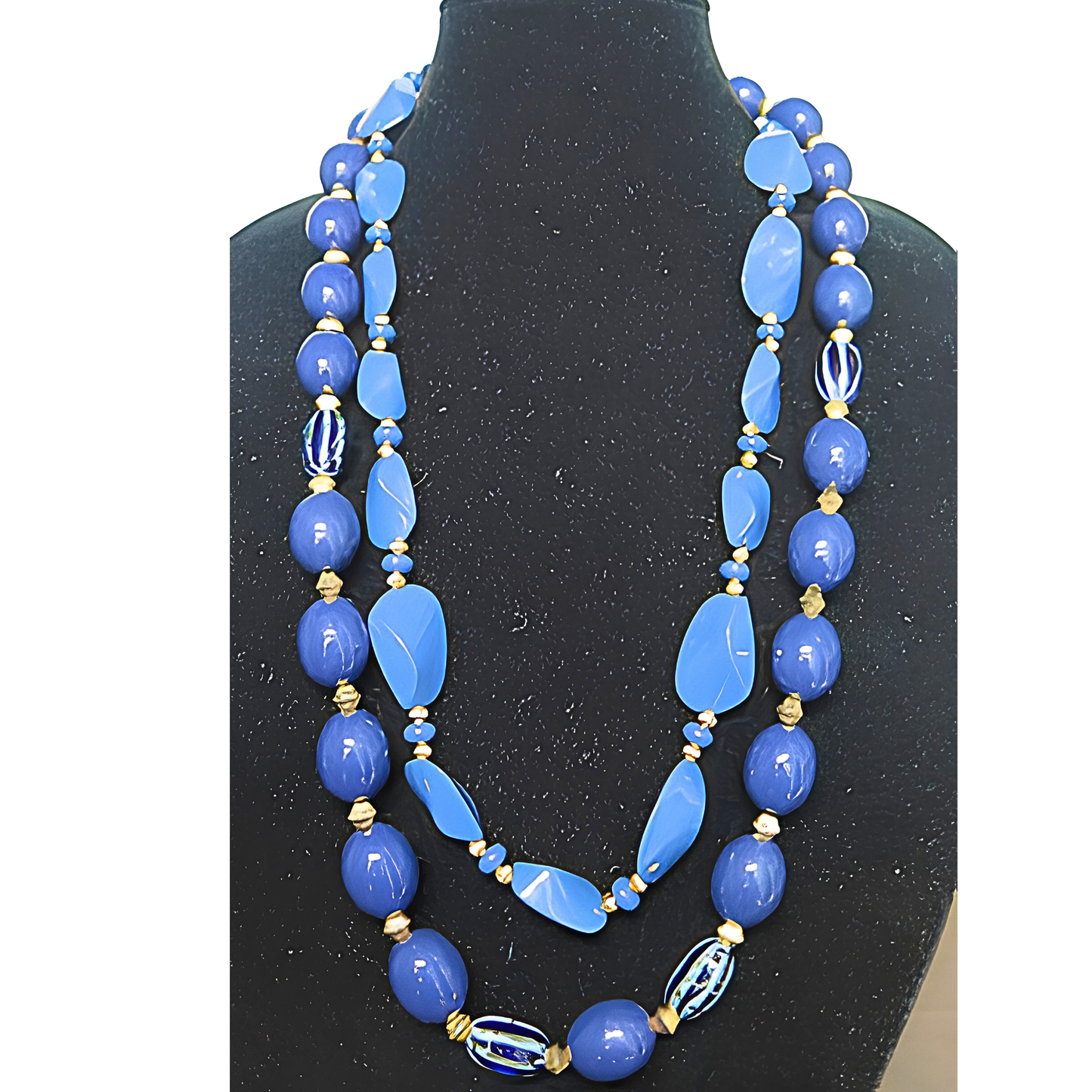 Blue & Gold Double Strand Beaded Statement Necklace | Long Layered Cobalt Blue Chunky Bead Necklace for Women & Special Occasions