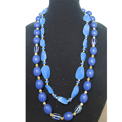 Blue & Gold Double Strand Beaded Statement Necklace | Long Layered Cobalt Blue Chunky Bead Necklace for Women & Special Occasions