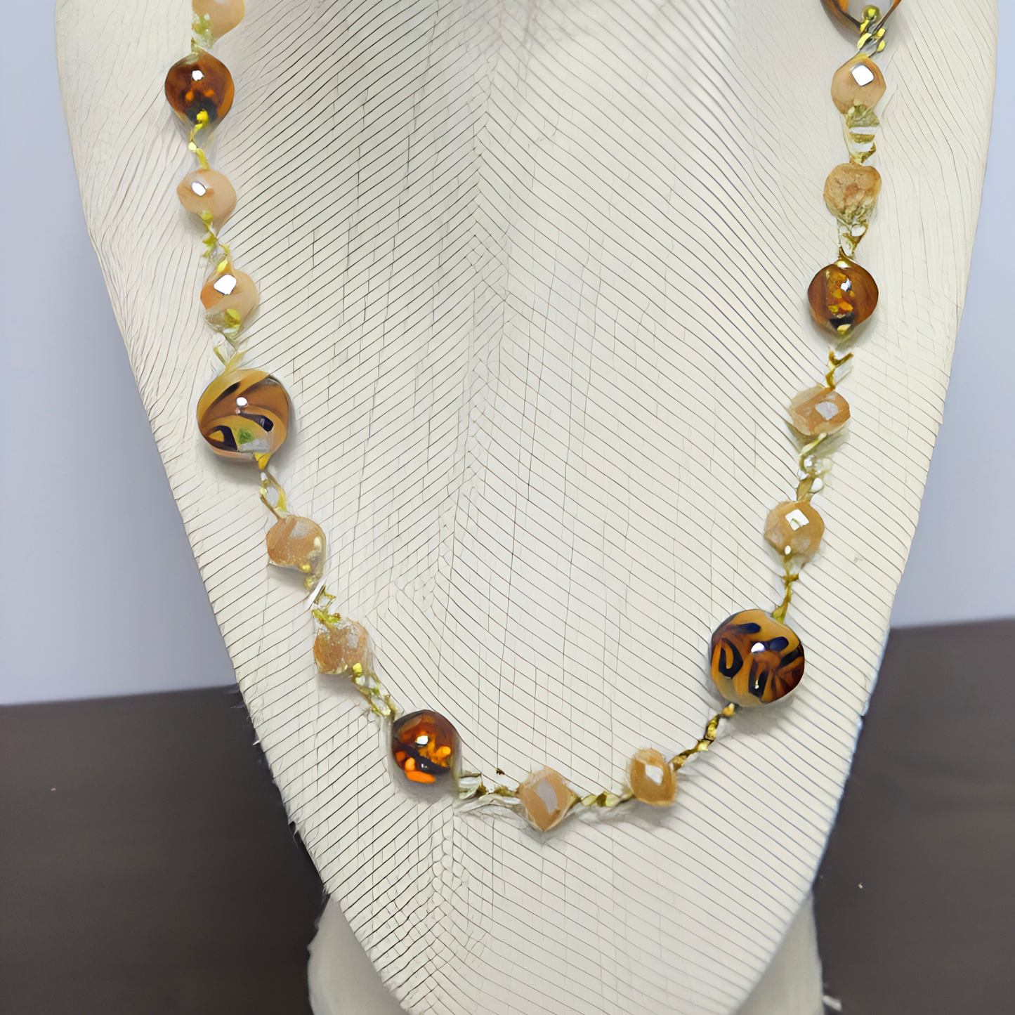 Tortoise Shell & Champagne Crystal Beaded Necklace | 30" Gold Wire Statement Necklace for Women, Everyday Wear & Special Occasions