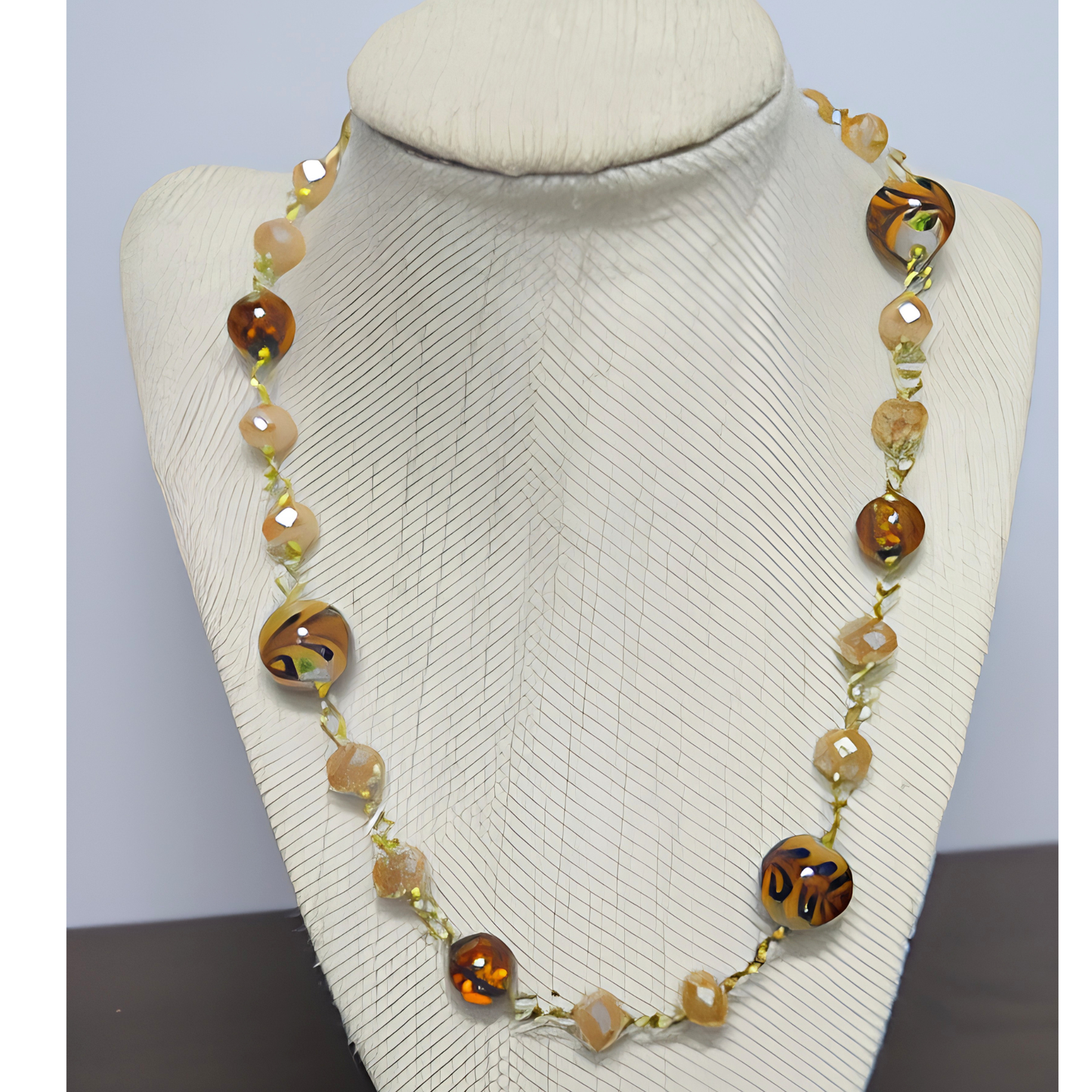 Tortoise Shell & Champagne Crystal Beaded Necklace | 30" Gold Wire Statement Necklace for Women, Everyday Wear & Special Occasions