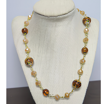 Tortoise Shell & Champagne Crystal Beaded Necklace | 30" Gold Wire Statement Necklace for Women, Everyday Wear & Special Occasions