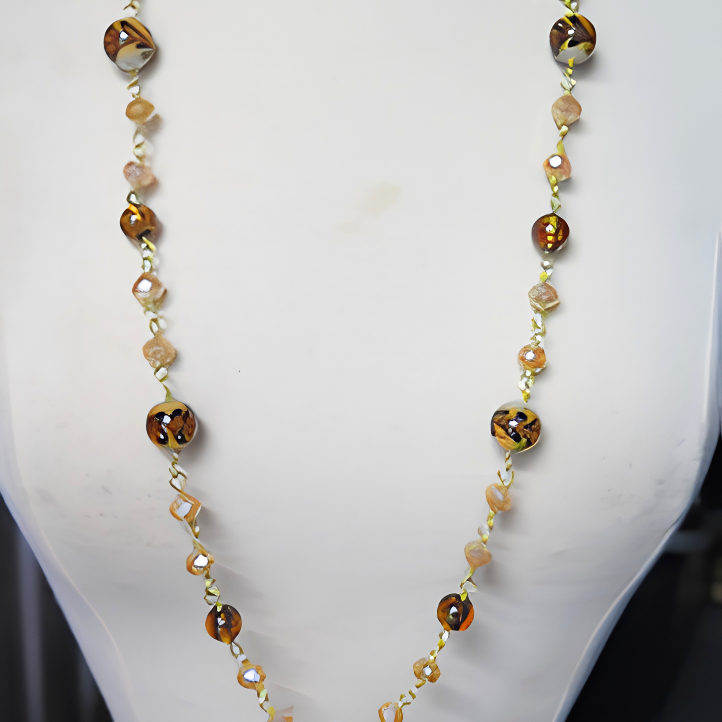 Tortoise Shell & Champagne Crystal Long Beaded Necklace | 35" Gold Wire Statement Necklace for Women, Everyday Wear & Special Occasions