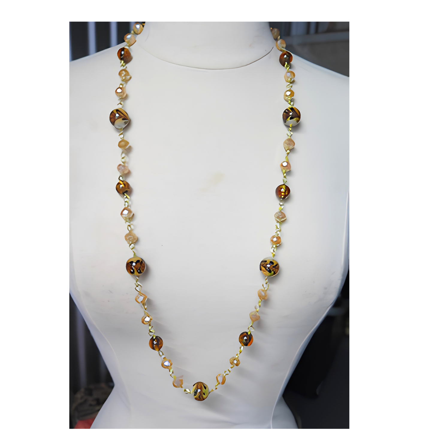 Tortoise Shell & Champagne Crystal Long Beaded Necklace | 35" Gold Wire Statement Necklace for Women, Everyday Wear & Special Occasions