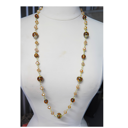Tortoise Shell & Champagne Crystal Long Beaded Necklace | 35" Gold Wire Statement Necklace for Women, Everyday Wear & Special Occasions