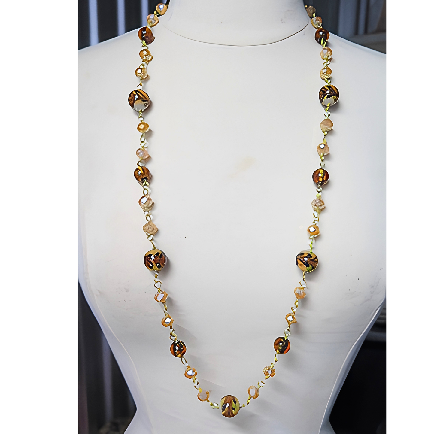 Tortoise Shell & Champagne Crystal Long Beaded Necklace | 35" Gold Wire Statement Necklace for Women, Everyday Wear & Special Occasions