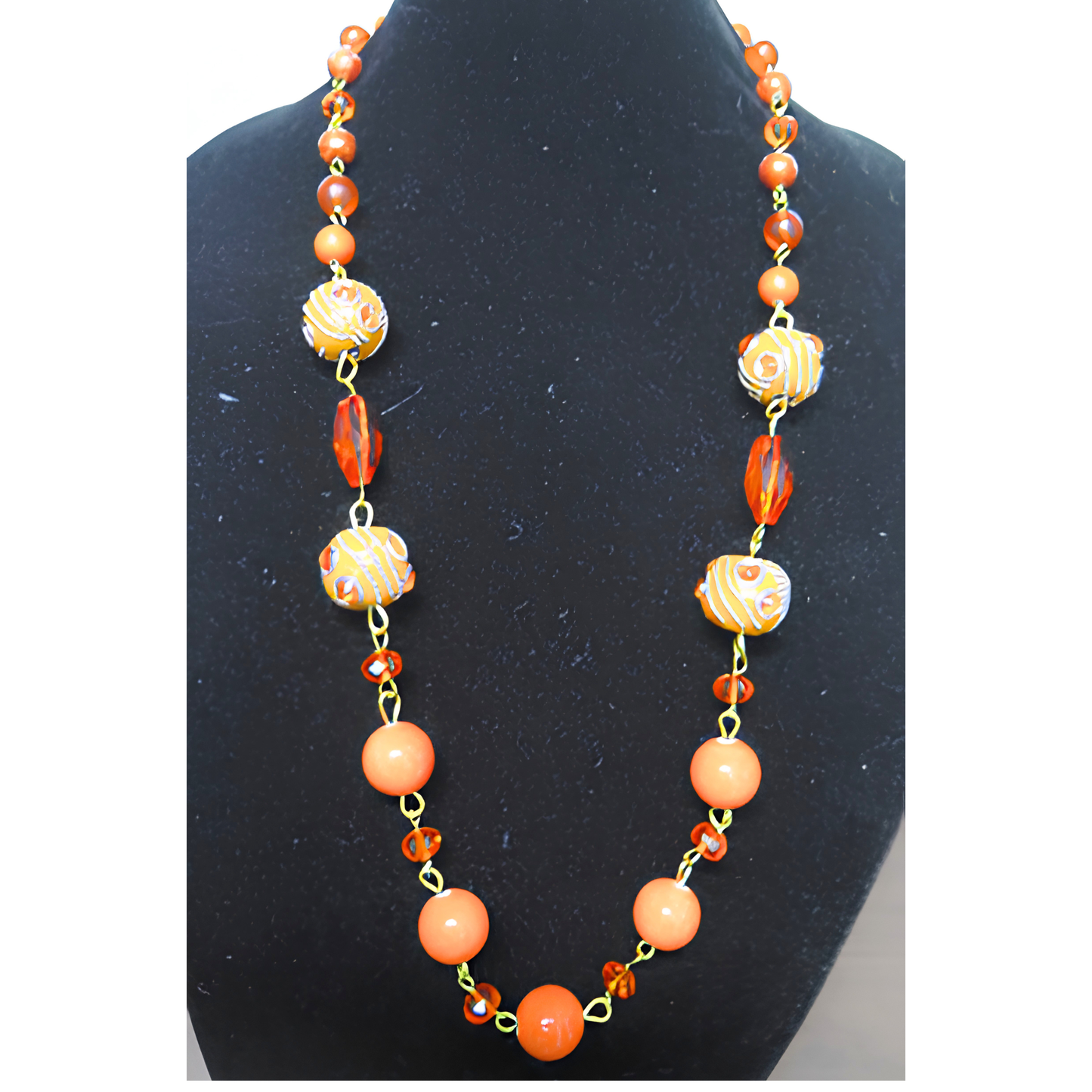 Orange & Gold Swirl Beaded Statement Necklace | 32" Hand-Painted Bead Long Necklace with Heart Toggle Closure for Women