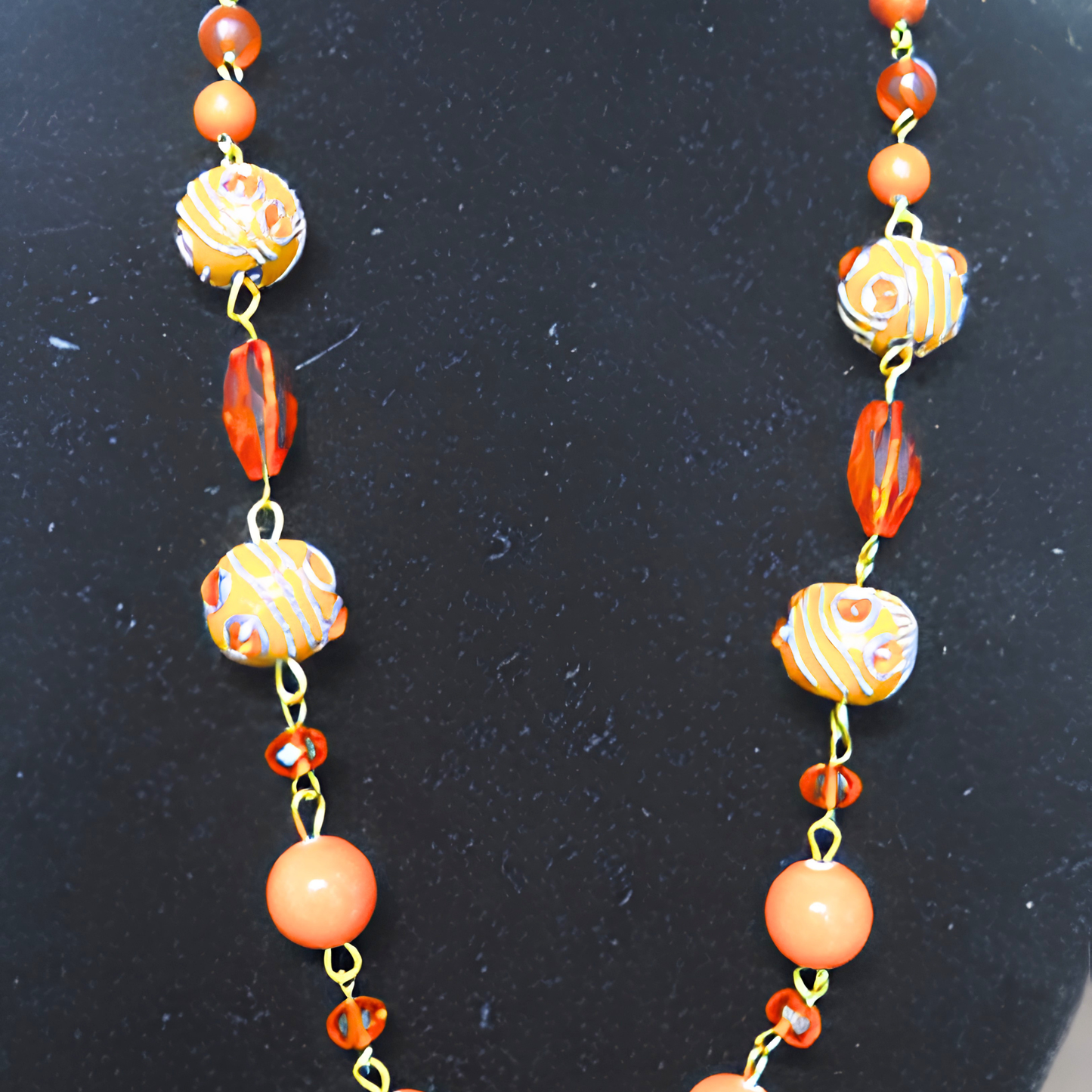 Orange & Gold Swirl Beaded Statement Necklace | 32" Hand-Painted Bead Long Necklace with Heart Toggle Closure for Women