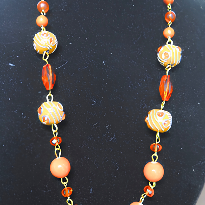 Orange & Gold Swirl Beaded Statement Necklace | 32" Hand-Painted Bead Long Necklace with Heart Toggle Closure for Women