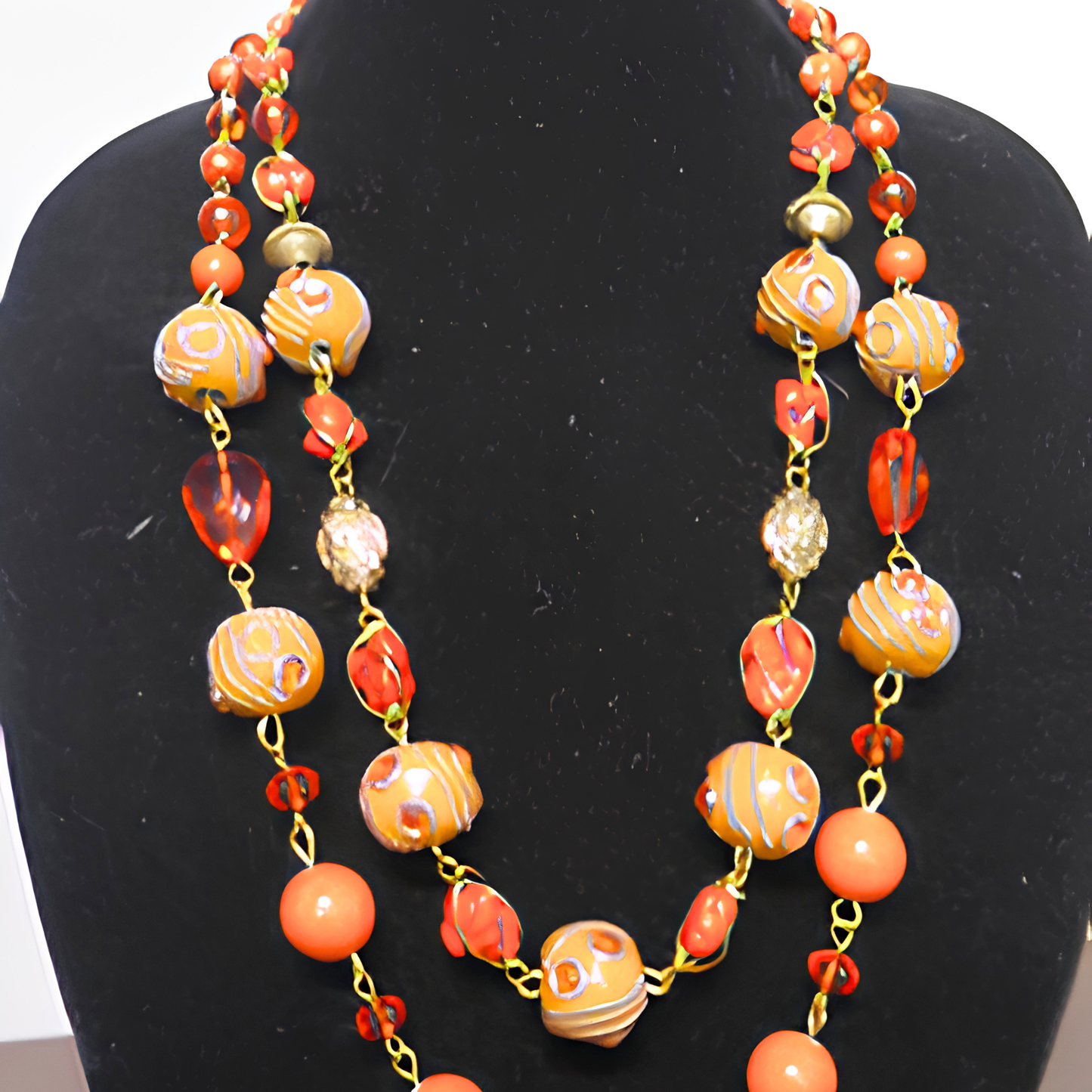 Orange & Gold Swirl Beaded Statement Necklace | 32" Hand-Painted Bead Long Necklace with Heart Toggle Closure for Women