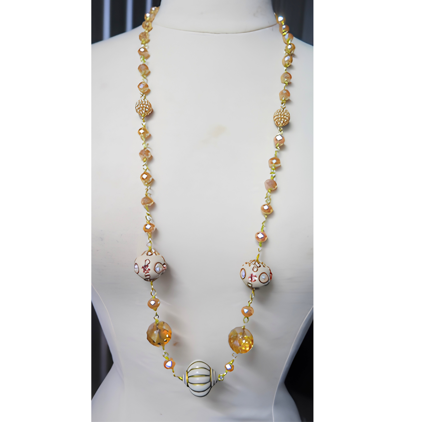 Champagne & Ivory Hand-Painted Artisan Bead Long Necklace | 37" Gold Wire Statement Necklace with Crystal & Pave Accents for Women