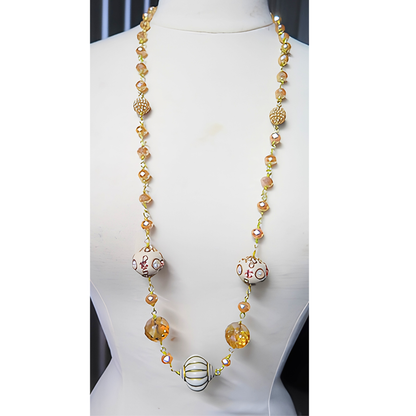 Champagne & Ivory Hand-Painted Artisan Bead Long Necklace | 37" Gold Wire Statement Necklace with Crystal & Pave Accents for Women