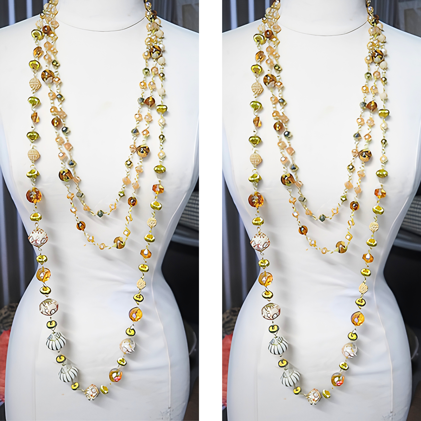 Champagne & Ivory Hand-Painted Artisan Bead Long Necklace | 37" Gold Wire Statement Necklace with Crystal & Pave Accents for Women