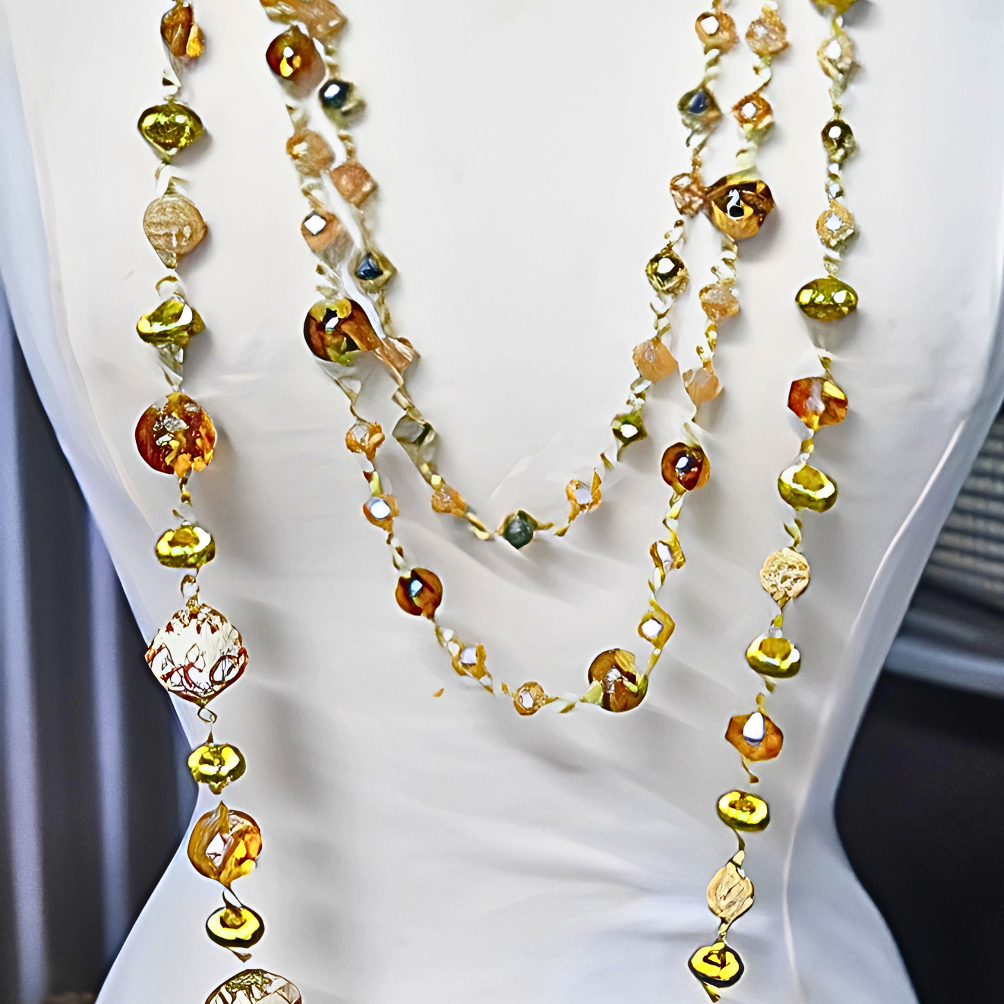 Champagne & Ivory Hand-Painted Artisan Bead Long Necklace | 37" Gold Wire Statement Necklace with Crystal & Pave Accents for Women