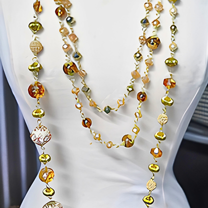 Champagne & Ivory Hand-Painted Artisan Bead Long Necklace | 37" Gold Wire Statement Necklace with Crystal & Pave Accents for Women